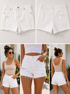 Express Super High Rise Distressed‎ Mom Shorts White Denim Size 8